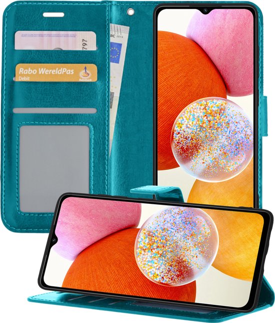 Hoesje Geschikt voor Samsung A14 Hoesje Book Case Hoes Portemonnee Cover Walletcase - Hoes Geschikt voor Samsung Galaxy A14 Hoes Bookcase Hoesje - Turquoise
