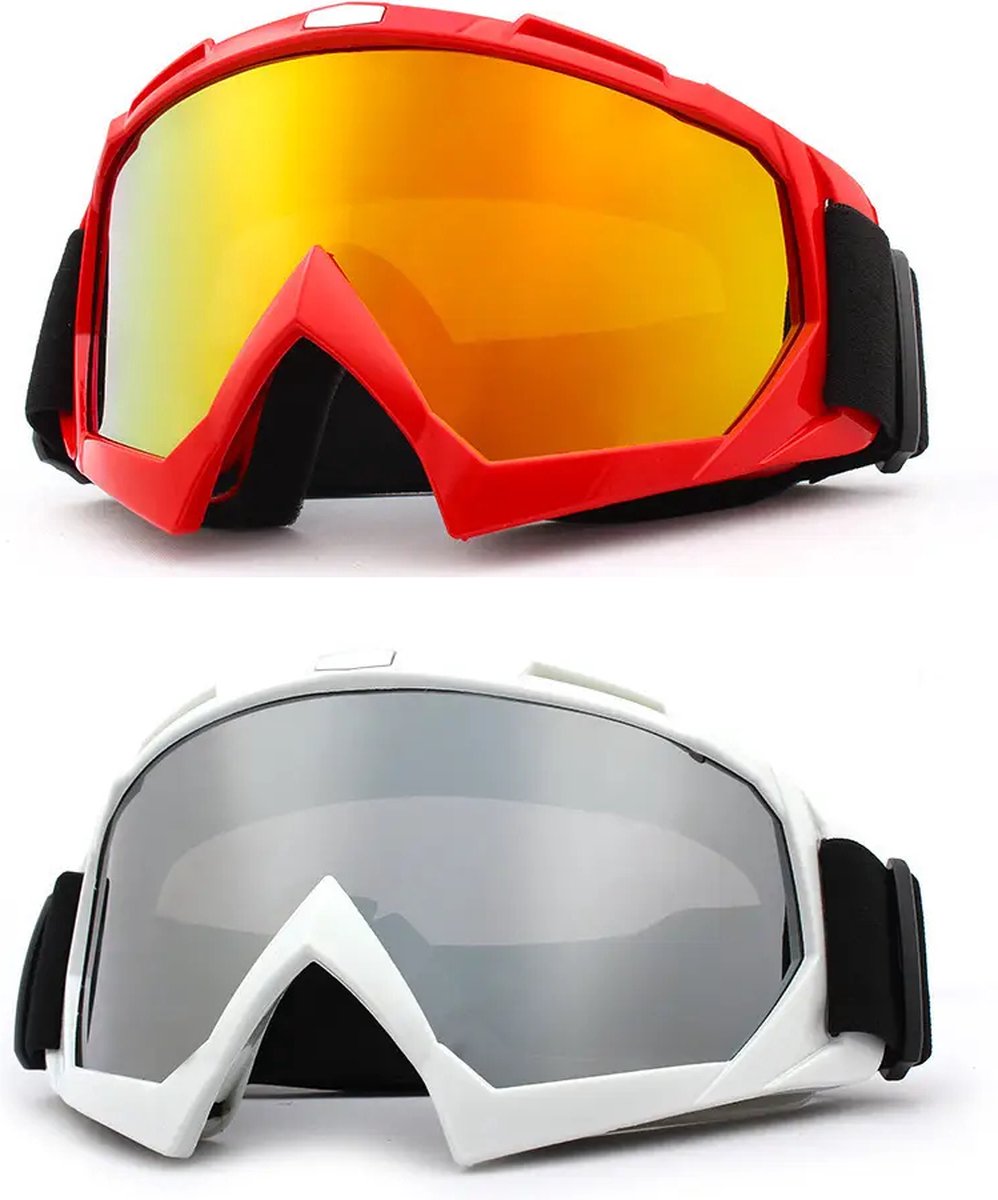 Skibrillen - Snowboardbrillen - Crossbrillen - Set van twee stuks - Rood Goud Rood Spiegel - Wit Zilver Spiegel