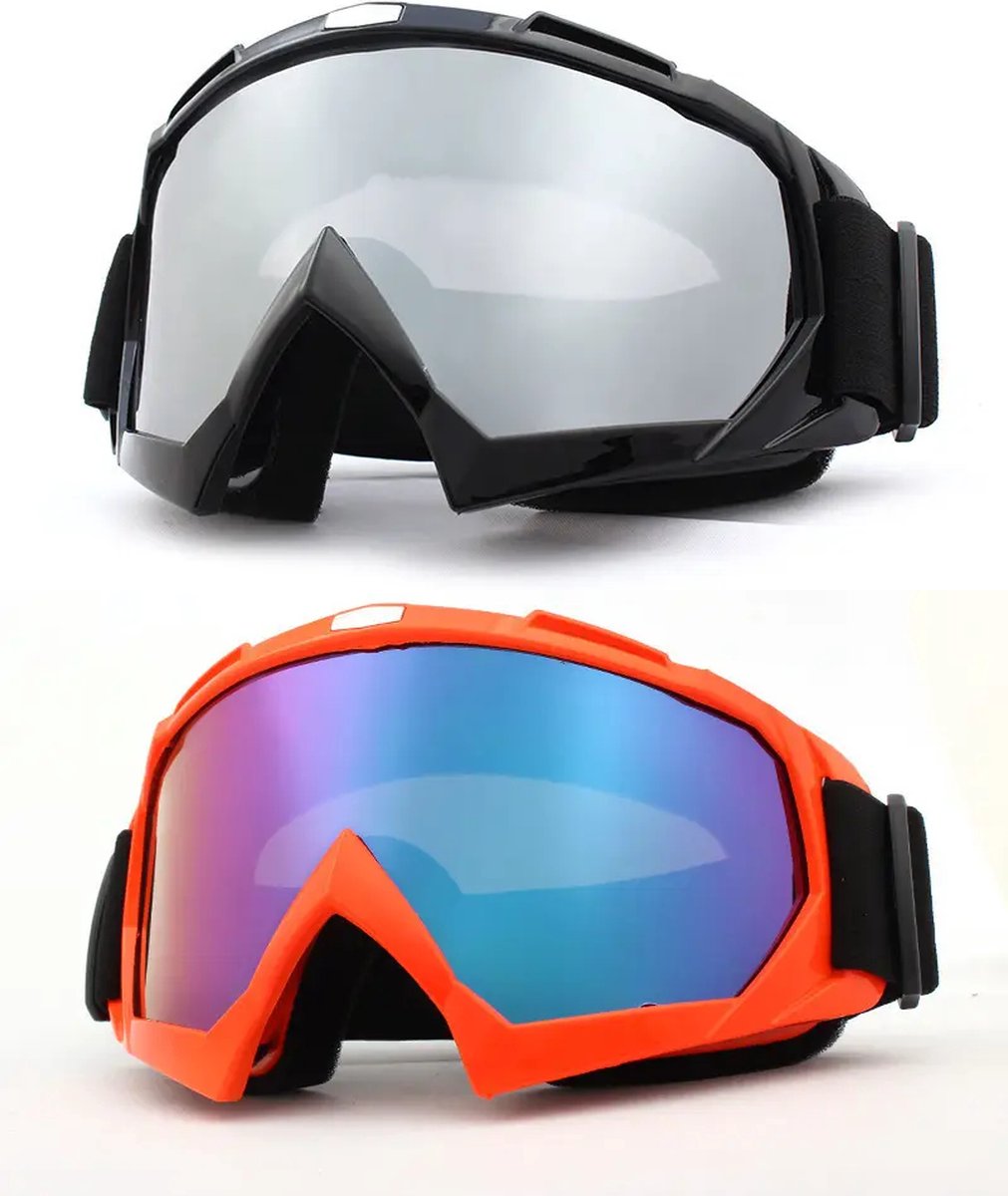 Skibrillen - Snowboardbrillen - Crossbrillen - Set van twee stuks - Zwart Zilver Spiegel - Rood Paars Blauw Spiegel
