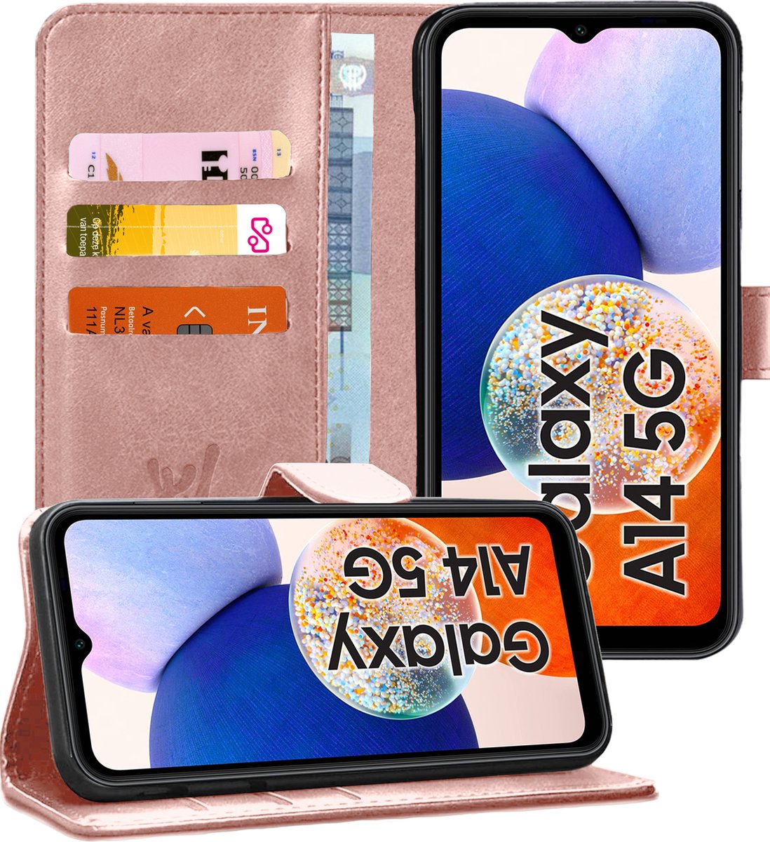 Hoesje geschikt voor Samsung Galaxy A14 - Book Case Kunstleer Pasjeshouder Roségoud