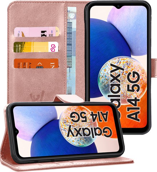 Coque Samsung Galaxy A14 - Book Case Cuir Cuir -Cartes Or Rose