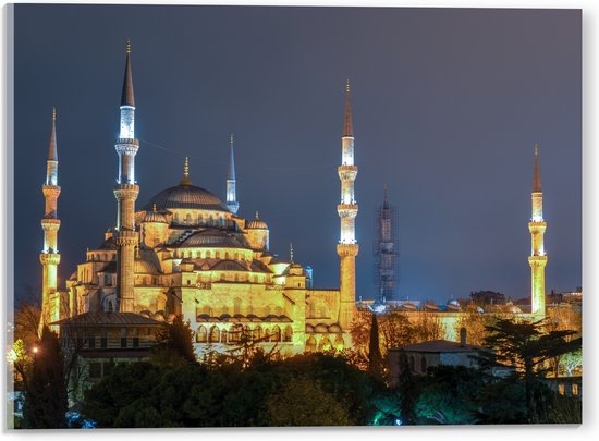 WallClassics - Acrylglas - Sultan AhmetMoskee in de Nacht in Istanbul, Turkije - 40x30 cm Foto op Acrylglas (Wanddecoratie op Acrylaat)