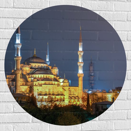 WallClassics - Muursticker Cirkel - Sultan AhmetMoskee in de Nacht in Istanbul, Turkije - 90x90 cm Foto op Muursticker