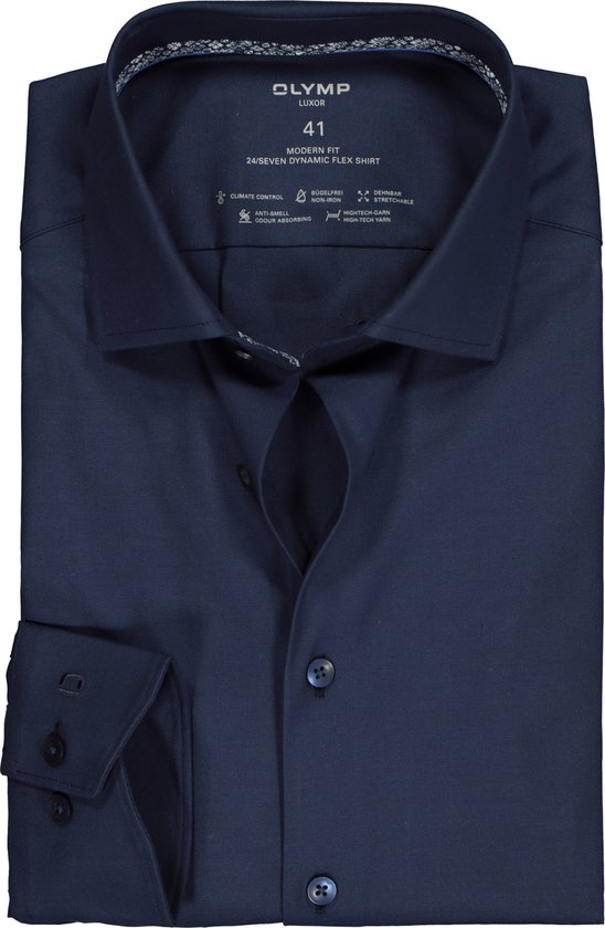 OLYMP 24/7 modern fit overhemd - mouwlengte 7 - twill - marine blauw (contrast) - Strijkvrij - Boordmaat: 38