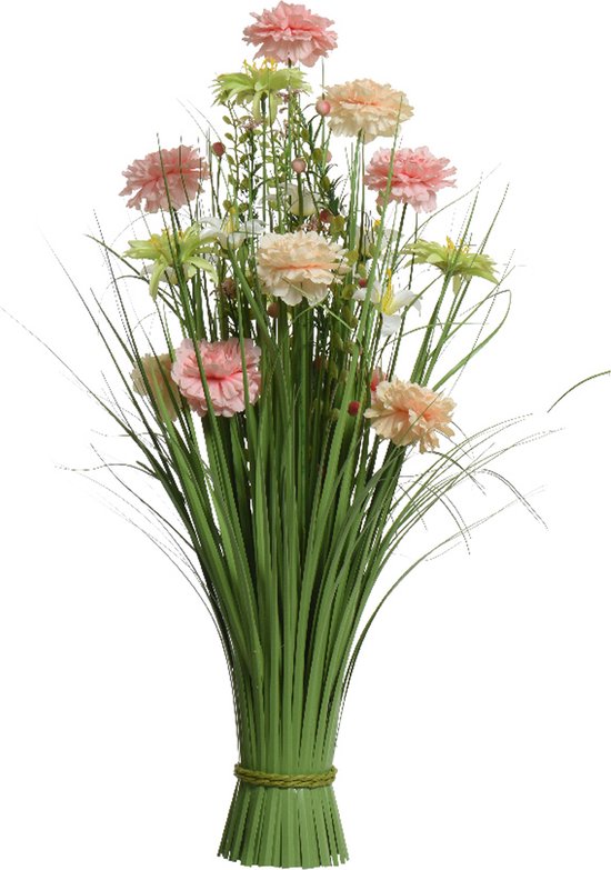 Everlands Kunstgras boeket bloemen - anjers - roze tinten - H70 cm