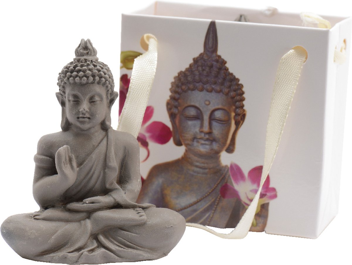 Decoris Boeddha beeldje in cadeautas - kunststeen - grijs - H5,5 cm - Decoris