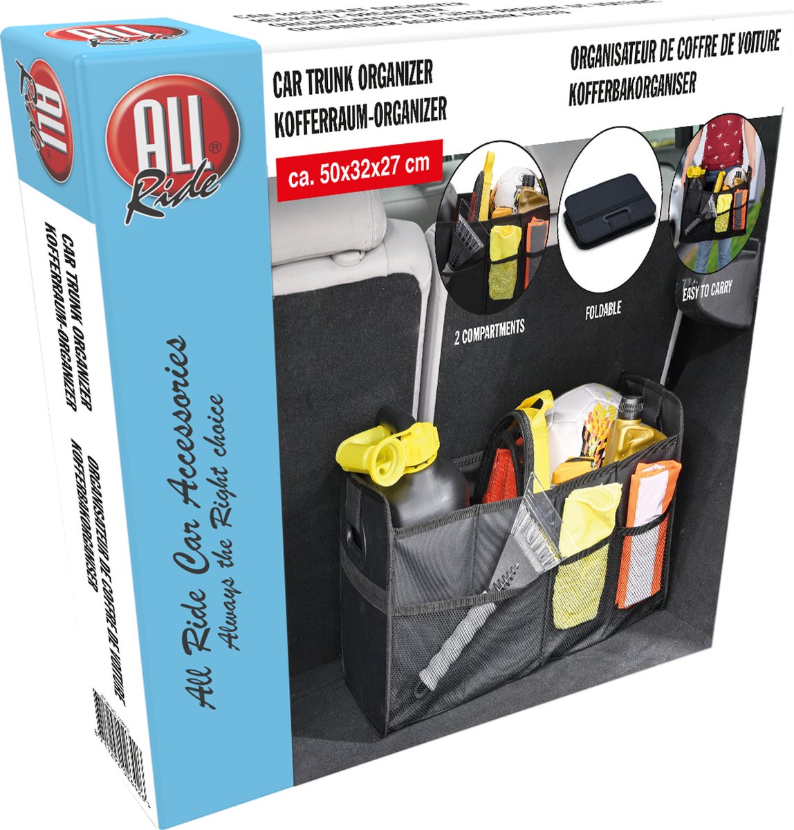 All Ride Organiseur De Coffre Voiture 50x32x70cm - Pliable Avec 2 Compartiments - Noir