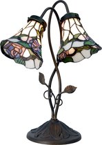 HAES DECO - Tiffany Tafellamp 34x28x47 cm Wit Bruin Glas Bloemen Tiffany Bureaulamp Tiffany Lampen Glas in Lood