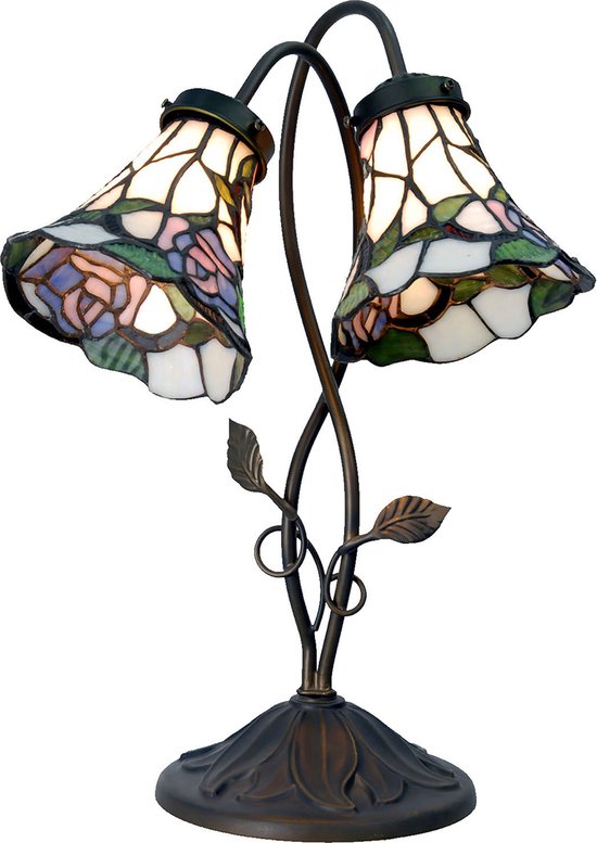 HAES DECO - Tiffany Tafellamp 34x28x47 cm Wit Bruin Glas Bloemen Tiffany Bureaulamp Tiffany Lampen Glas in Lood