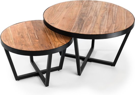 BIGTREE salontafel rond, moderne salontafel, set van 2, afmetingen: 70x70x45cm, 50x50x40cm, set van bijzettafels van hout met metalen frame voor de