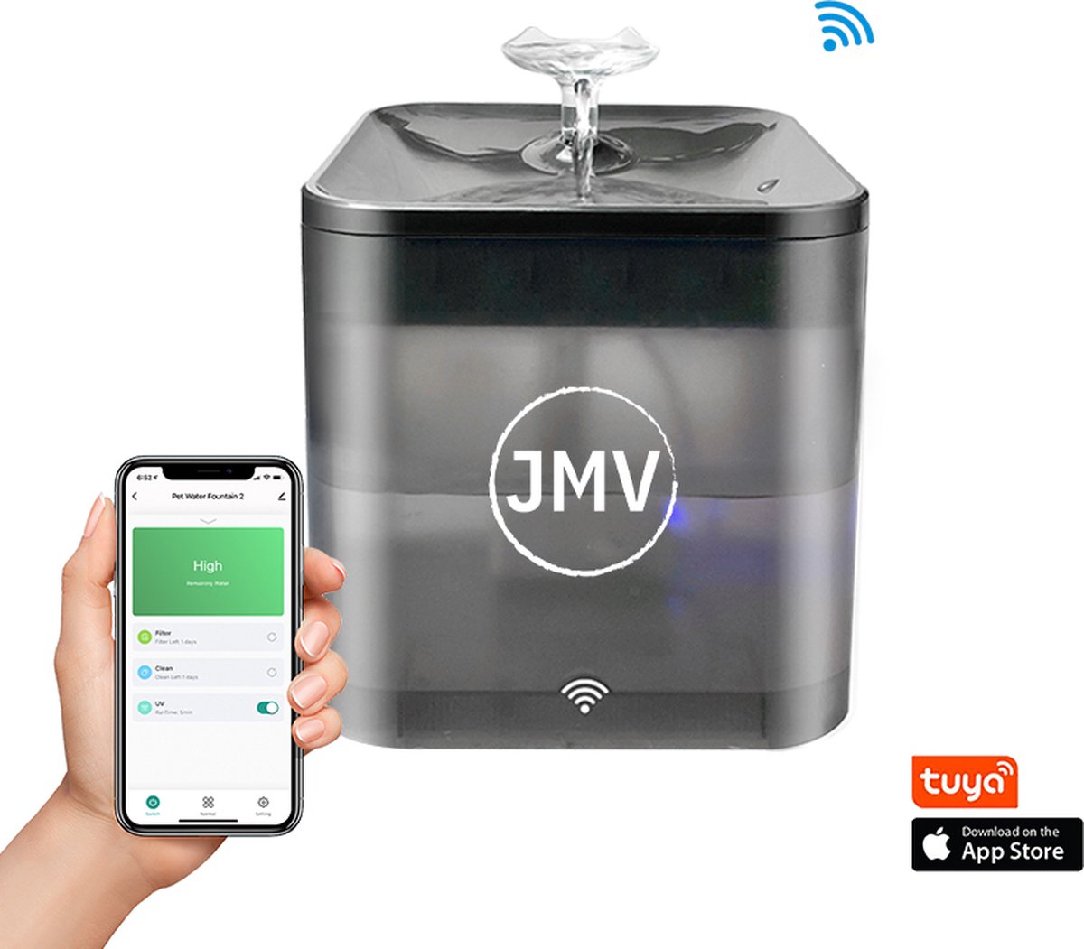 JMV Drinkfontein voor kat en hond - Slimme waterfontein met smartphone besturing - UV sterilisatie - Sensor - 2,2 liter