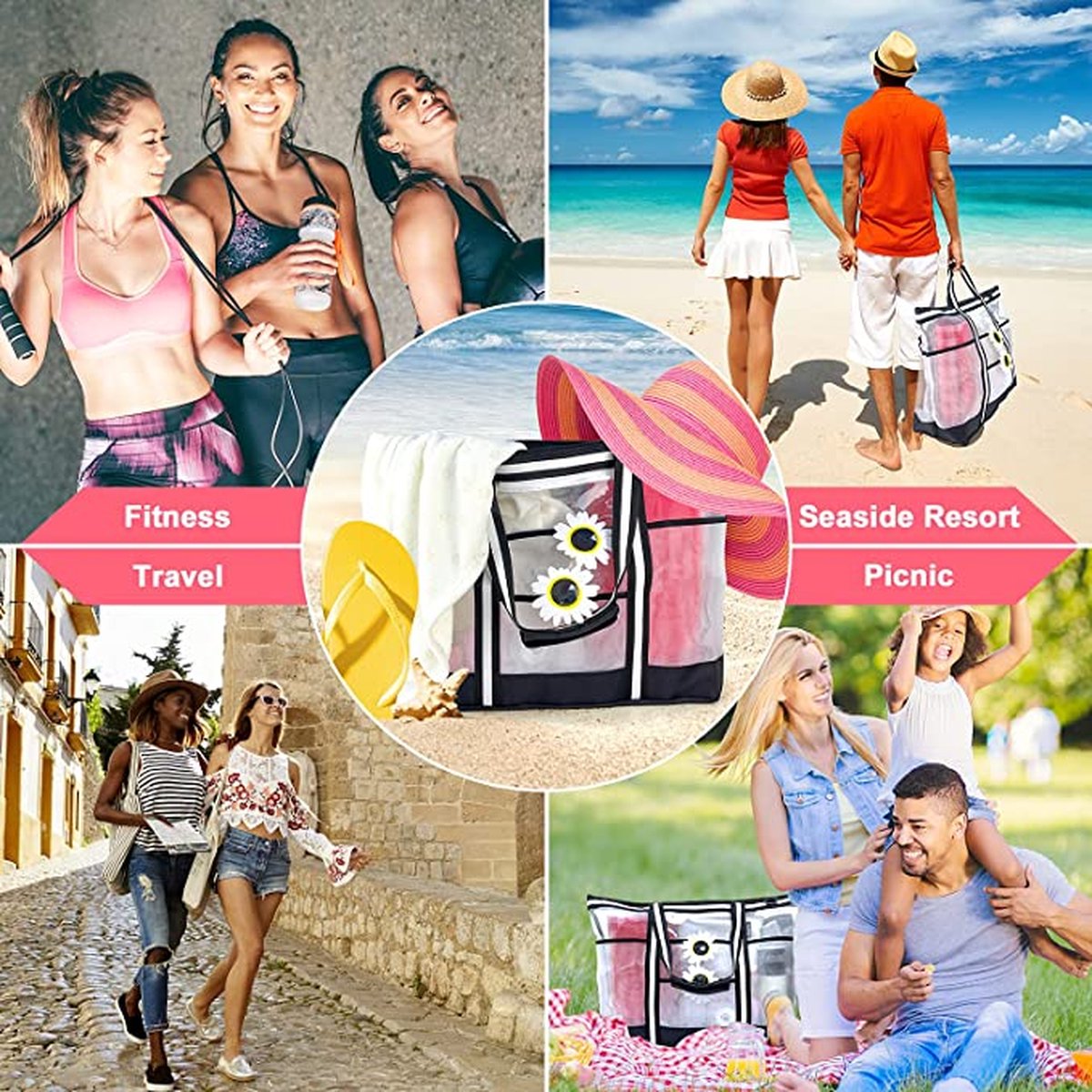 Sac de plage en maille, grand sac à provisions pliable pour femme avec  fermeture... | bol.com
