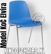 King of Chairs model KoC Elvira azuurblauw met verchroomd onderstel. Kantinestoel stapelstoel kuipstoel vergaderstoel tuinstoel kantine stoel stapel stoel tuin stoel kantinestoelen stapelstoelen kuipstoelen stapelbare keukenstoel Helene eetkamerstoel