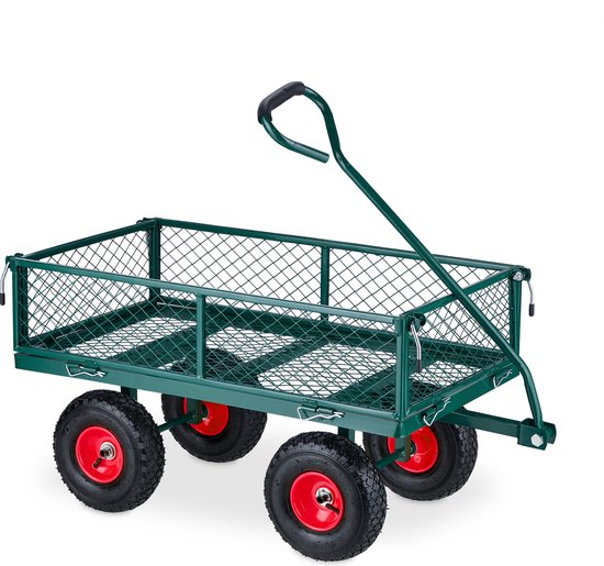 Foto: Relaxdays bolderkar tuin luchtbanden draagvermogen 200 kg bolderwagen staal groen rood