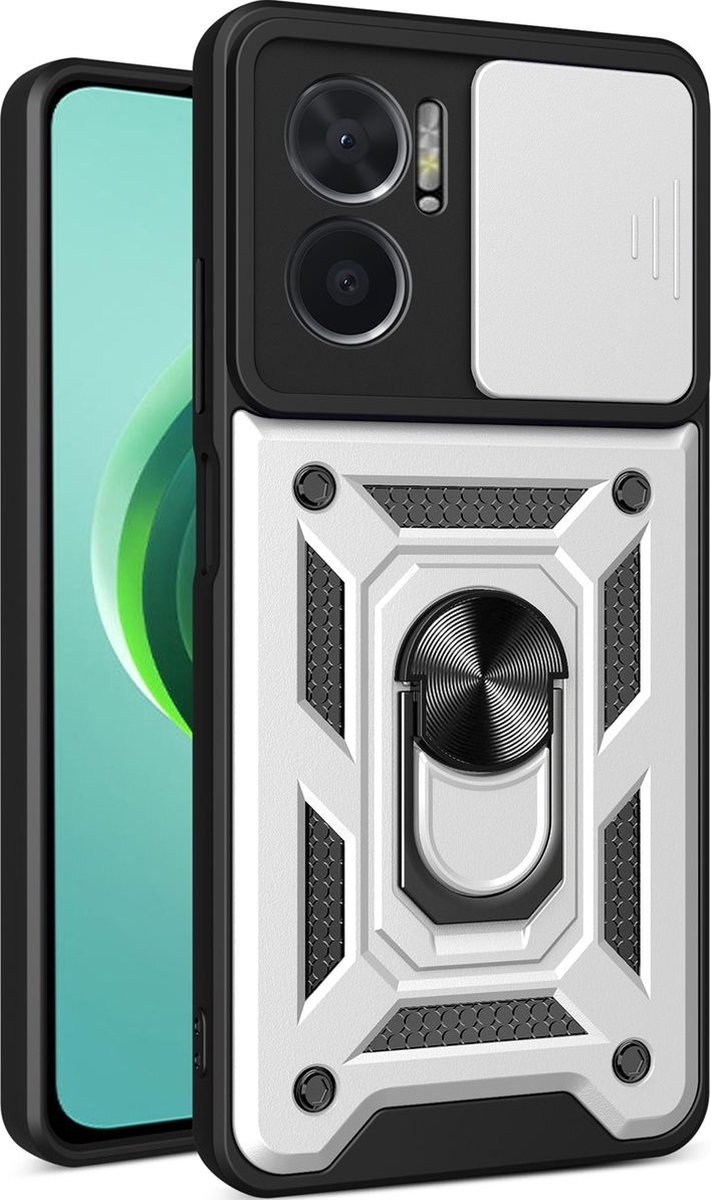 Mobigear Hoesje geschikt voor Xiaomi Redmi 10 5G Telefoonhoesje Hardcase | Mobigear Armor Ring Cam Slide Backcover Shockproof met Ringhouder en Camera Slider | Schokbestendig Redmi 10 5G Telefoonhoesje | Anti Shock Proof - Zilver