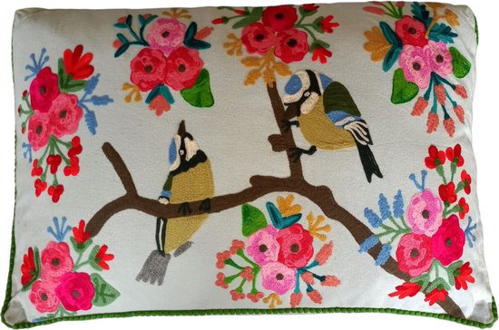 decoratiekussen rechthoekig - kussen blauw met vogels - vogels en bloemen - 40 x 60 cm - fairtrade