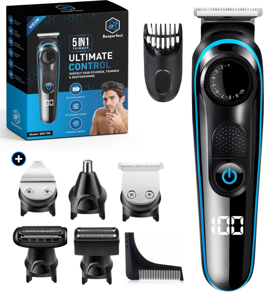 5-in-1 Baardtrimmer Mannen - 5 Verwisselbare Opzetstukken - Trimmer Baard en Lichaam - Bodygroomer - Neus en Oortrimmer - Beeperfect