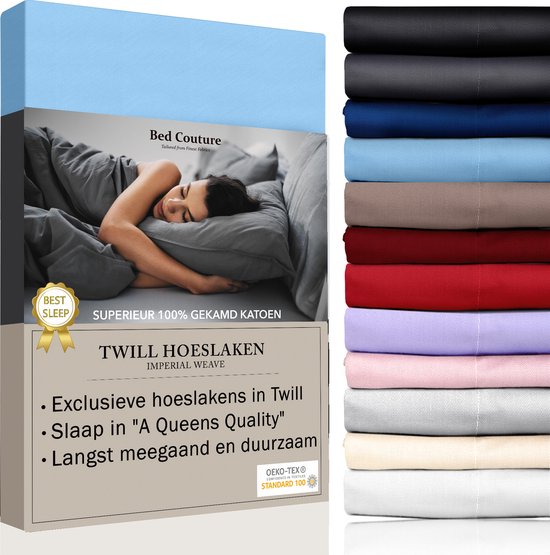 Bed Couture - Twill Hoeslaken van 100% Katoen - Eenpersoons 100x200cm - Hoekhoogte 30cm - Ultra Zacht en Duurzaam - Hemelsblauw