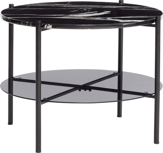 HÜBSCH INTERIOR - STUNNING ronde zwarte salontafel met marmerlook blad van glas - Ø65 x h45cm