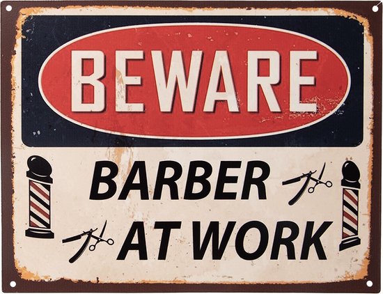 Clayre & Eef Tekstbord 33x25 cm Beige Rood Ijzer Barber at work Wandbord