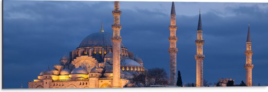 WallClassics - Dibond - Zijaanzicht van Süleymaniye Moskee in de Nacht in Istanbul, Turkije - 90x30 cm Foto op Aluminium (Met Ophangsysteem)