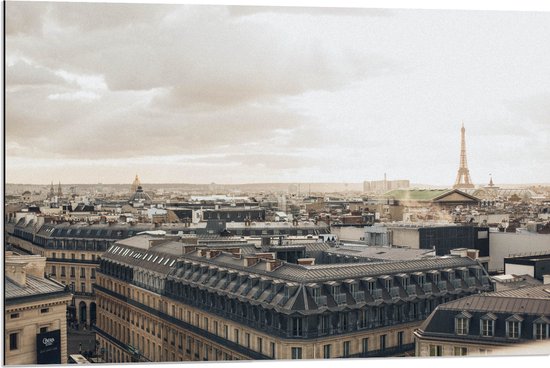 Dibond - Uitzicht van Parijs met in de Achtergrond de Eiffeltoren, Frankrijk - 90x60 cm Foto op Aluminium (Wanddecoratie van metaal)