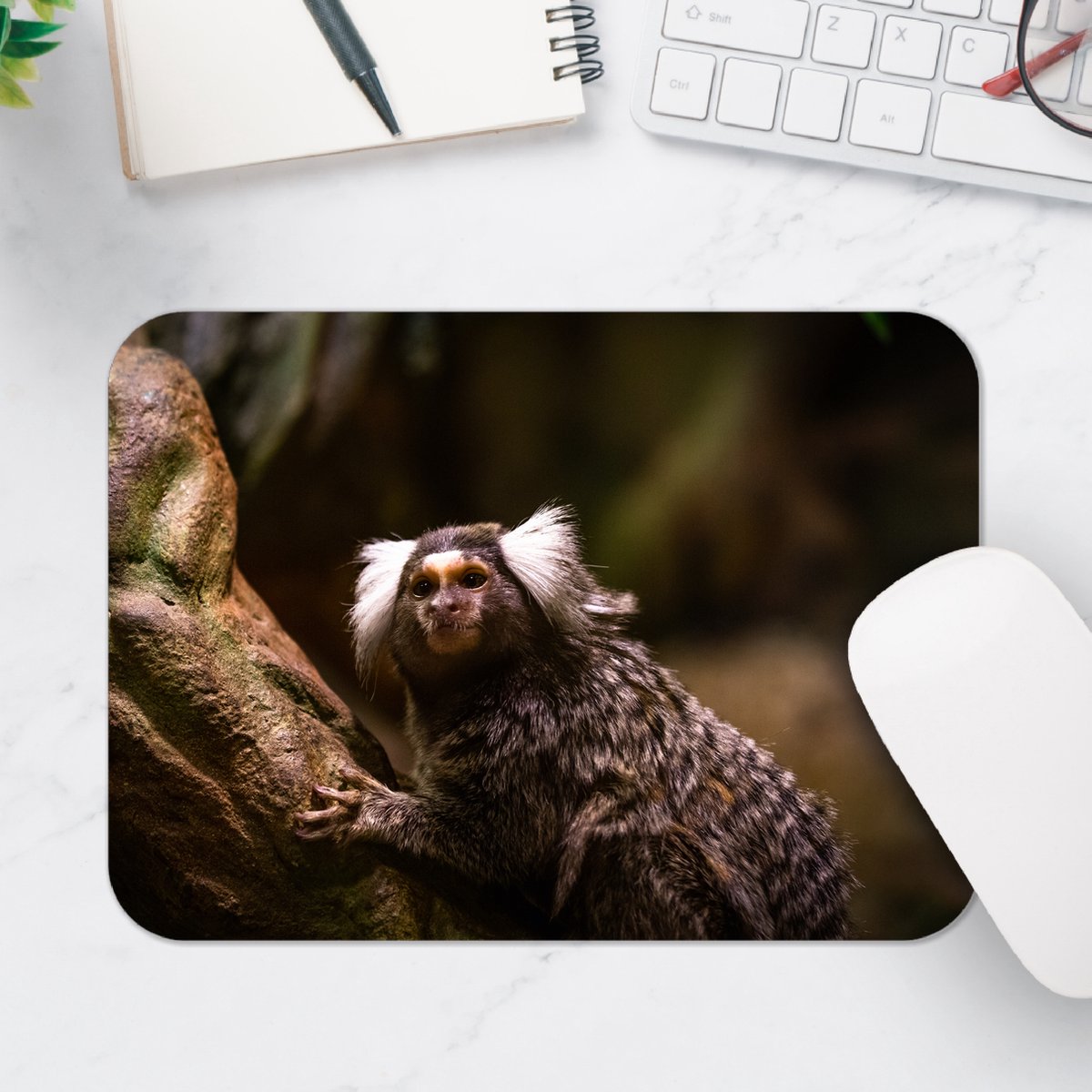 Muismat - Omhoogkijkende Marmoset Aap op Rots - 25x18 cm - 2 mm Dik - Muismat van Vinyl