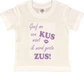 Shirt Aankondiging zwangerschap Geef me een KUS want ik word grote ZUS! | korte mouw | Wit/lila | maat 110/116 zwangerschap aankondiging bekendmaking