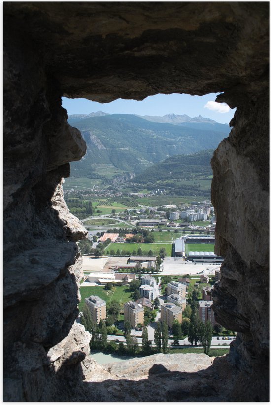 Poster Glanzend – Uitzicht over Dorp en Bergen - 60x90 cm Foto op Posterpapier met Glanzende Afwerking