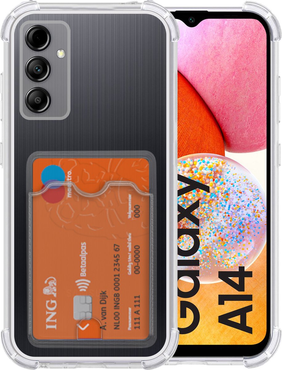 Samsung Galaxy A14 hoesje transparant siliconen shockproof backcover met Pashouder