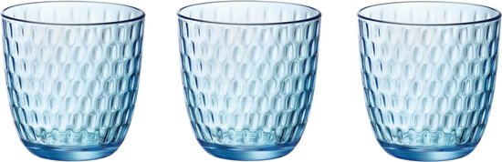 Drie blauwe, transparante Bormioli Rocco glazen met een reliëfpatroon, 290 ml.