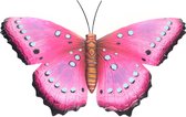 Schutting decoratie vlinders 48 cm roze/zwart metaal - Metalen schutting decoratie vlinders - Dierenbeelden tuindecoratie