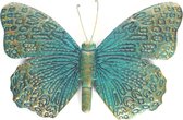 1x Tuindecoratie vlinder van metaal turquoise/goud 31 cm - Metalen schutting decoratie vlinders - Dierenbeelden tuindecoratie