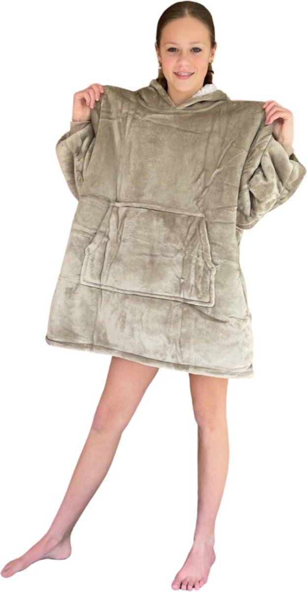 Hoodie deken kind - Fleece kinder poncho - plaid met mouwen en capuchon voor kinderen - oversized hoodie kind - fleece deken met mouwen – hoodie plaid kind - hoodie blanket - zacht & warm - khaki - 134 t/m 164 - Badrock