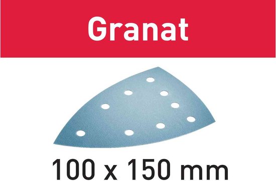 Een driehoekig schuurpapiertje van 100 x 150 mm, merk Granat. Met 9 perforaties.