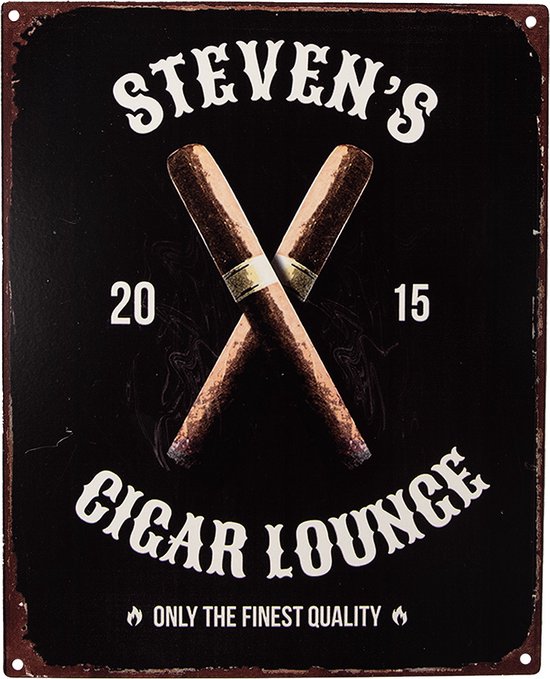 Clayre & Eef Tekstbord 20x25 cm Zwart Ijzer Sigaren Steven's cigar lounge Wandbord