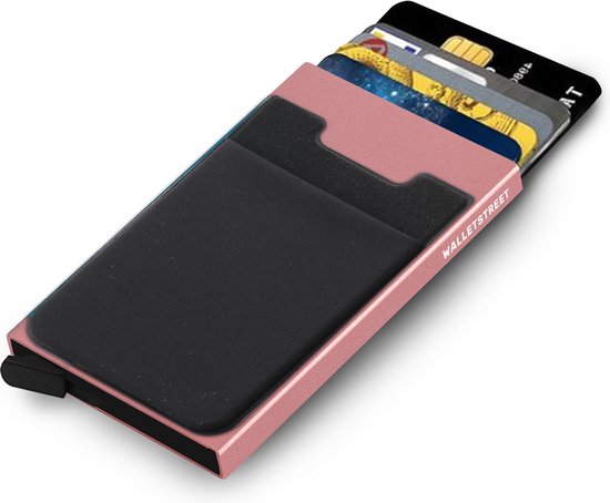 Walletstreet Uitschuifbare Pasjeshouder Plus - Walletstreet Uitschuifbare Pasjeshouder met plakwallet Aluminium Creditcardhouder Card Protector Anti-Skim/ RFID Card Protector 7 Pasjes – Roze/Pink