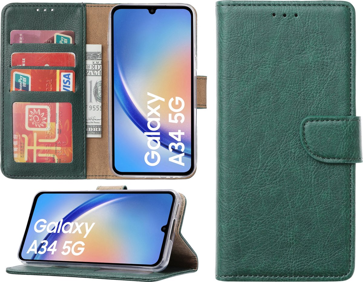 Samsung Galaxy A34 hoesje - Bookcase met pasjeshouder - Groen