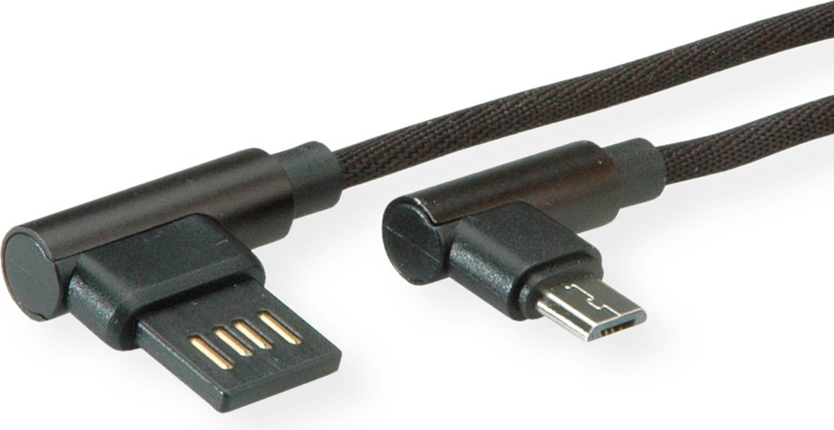 ROLINE USB 2.0 Kabel, A reversibel male - Micro B (90° hoekig) male, zwart, 0,8 m