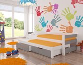 Fraga - Kinderbed Juniorbed 200 x 90 cm, Uitschuifbaar extra bed, bedden met matrassen - Bed met lades - Wit - Grijs -