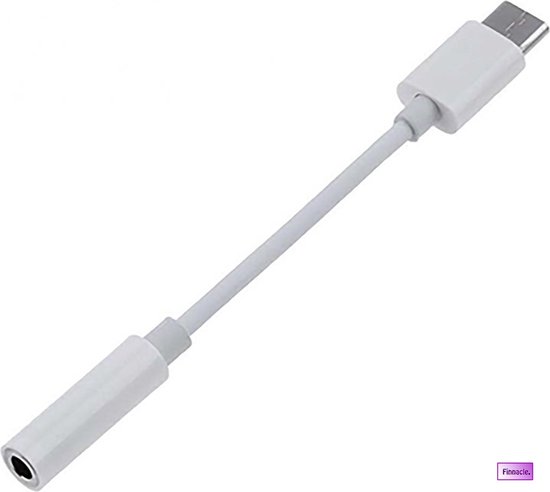 Witte USB-C naar 3.5mm AUX-kabeladapter met Finnacle-logo.