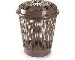 Plasticforte Wasmand met deksel - 50 liter - bruin - rond - D45 x H57 cm - opbergmand