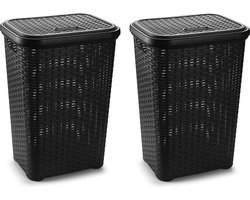 PlasticForte Wasmand met deksel - 2x stuks - 60 liter - zwart - rotan - kunststof - L35 x B43 x H62 cm