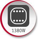 Pictogram met 1380W en een zwart, ovaalvormig element met stippen.