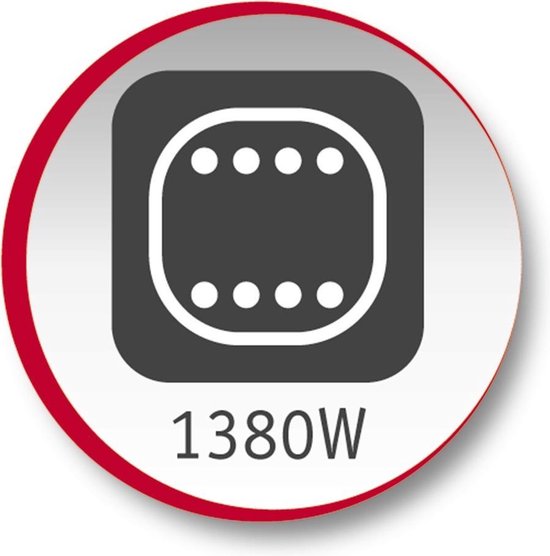 Pictogram met 1380W en een zwart, ovaalvormig element met stippen.