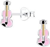 Joy|S - Zilveren viool oorbellen - 4 x 8 mm - roze - kinderoorbellen