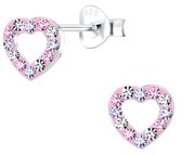 Joy|S - Zilveren hartje oorbellen - roze met kristalletjes - 6 x 7 mm - kinderoorbellen - t55