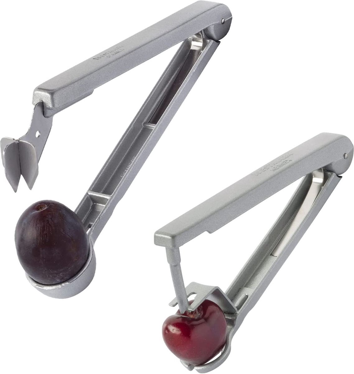 1 kersen- + 1 pruimenontsteker voor keukenkant-en-klaar ontpte vruchten, aluminium, voedselveilig gecoat, roestvrij stalen lemmet, Kernex en Steinex, zilver, 401022E6