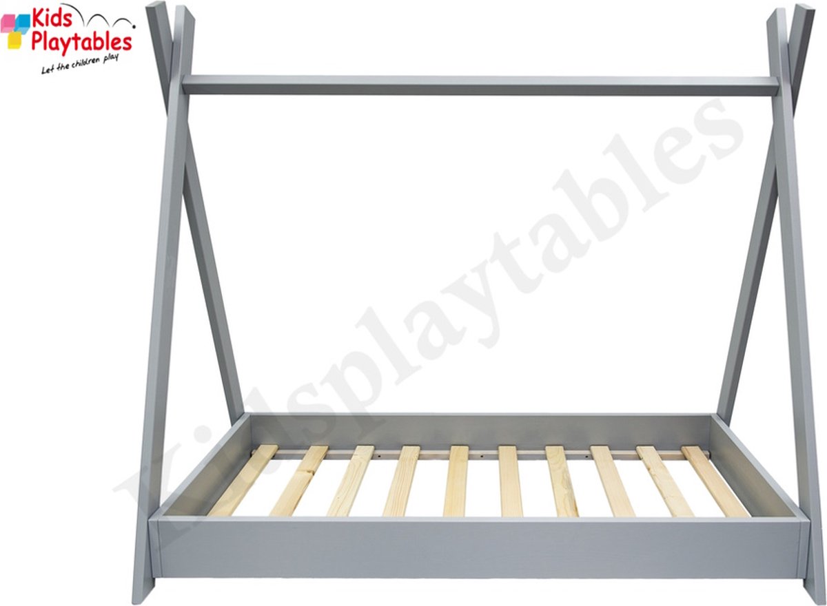 Juniorbed - Tipi bed met bedbodem 80x160 cm - grijs | peuterbed | Montessori | vloerbed | floorbed | kinderbed | huisbed | montessoribed