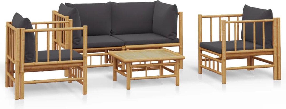 vidaXL 5-delige - Loungeset - met - kussens - bamboe - donkergrijs